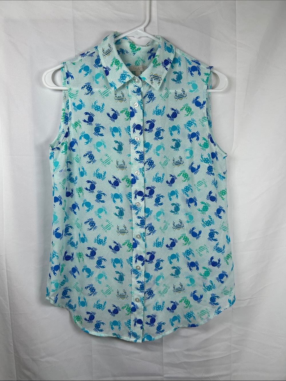 Talbots Petites Crab Print Sleeveless Button Blouse Women’s SP Aqua Blue